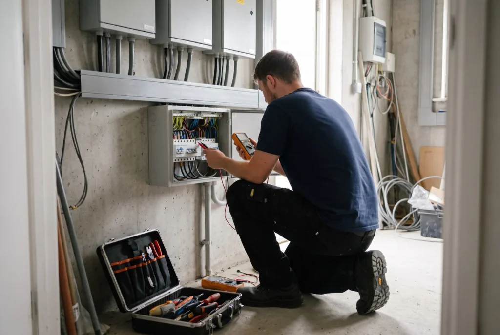Electrical engineer testing circuits at a commercial three-phase distribution board