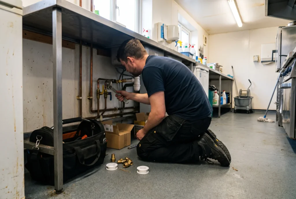 Plumbing engineer repairing copper pipework beneath a commercial kitchen sink