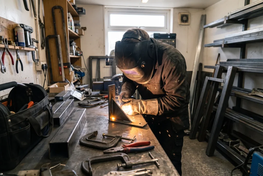 Fabrication welder MIG welding a steel support bracket in a workshop